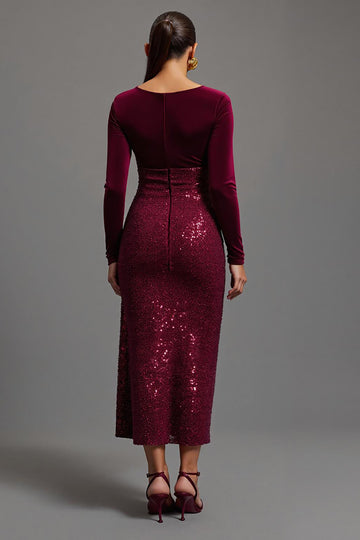 Robe longue formelle à paillettes fourreau bordeaux scintillante avec fente